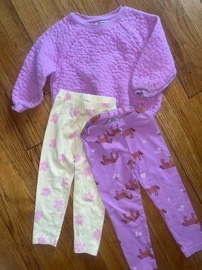 Toddler Pink/Purple Quilted Pullover with Two Pairs of Leggings - Floral & Horse